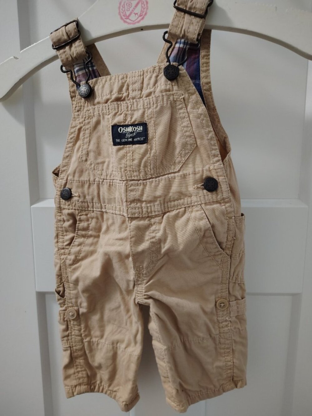 OshKosh B'gosh Baby Boy Vestbak Tan Canvas Overalls Khaki Bib Pockets Snap 3mo